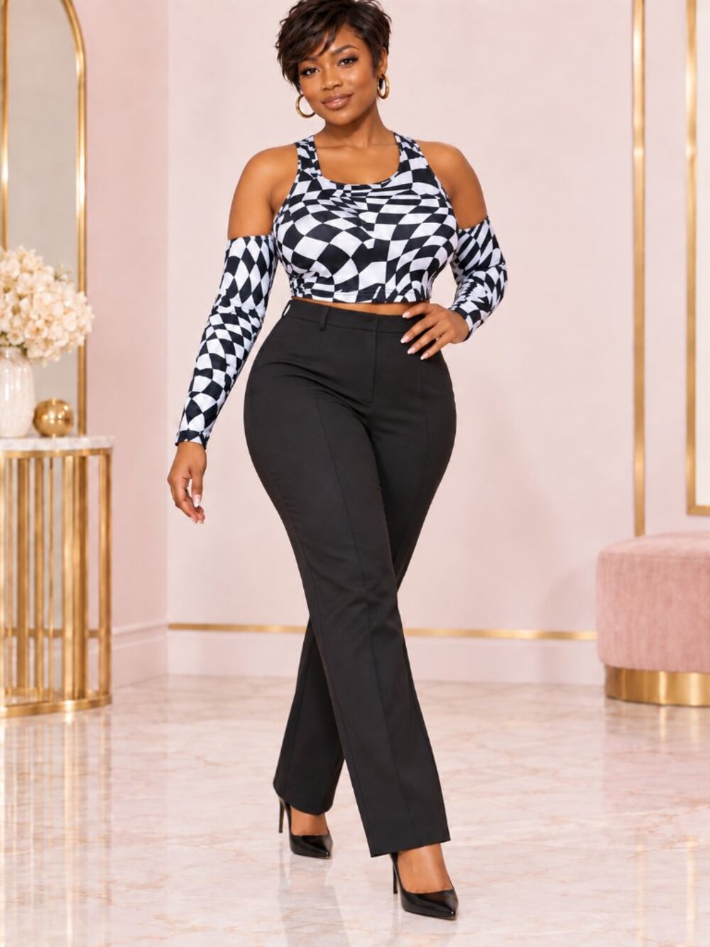 Plus Size Black Geometric Cold Shoulder Crop Top 2XL